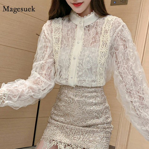 2023 Retro Palace Style Romantic Pearl Button Top Korea Lace Stitching Shirt Female Long Sleeve Stand-collar Women Blouse 12929