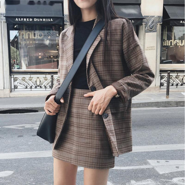 2023 Retro Plaid Blazer Set Single-breasted Jacket & Pencil Skirt 2 Pieces Skirt Suit Female Office Ladies Blazer Suit