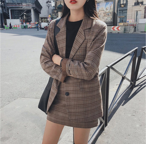 2022 Retro Plaid Blazer Sets Single-breasted Jacket & Pencil Skirt Vintage 2 Pieces Skirt Suits Female Office Ladies Blazer Suit