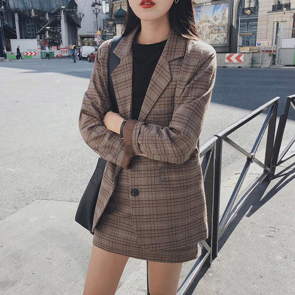2022 Retro Plaid Blazer Sets Single-breasted Jacket & Pencil Skirt Vintage 2 Pieces Skirt Suits Female Office Ladies Blazer Suit