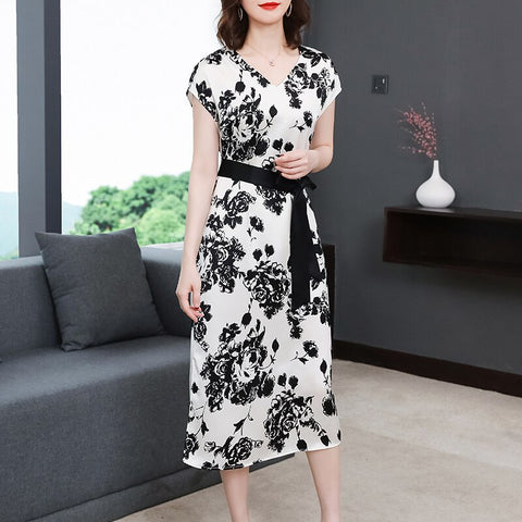 2022 Satin White Floral Casual 4XL Plus Size Midi Dress Summer Vintage Mulberry Silk Dress Elegant Women Bodycon Party Vestidos