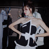 2022 Sexy Women'S Sexy Bow Black And White Patchwork High Street Short Top Ruffled Strapless Camisole + Mini Skirt Party
