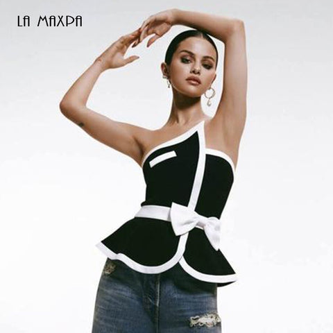 2022 Sexy Women'S Sexy Bow Black And White Patchwork High Street Short Top Ruffled Strapless Camisole + Mini Skirt Party