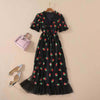2022 Sexy V-Neck Belt Strawberry  stamping Short Sleeve Party Mid-Length Dress Net Yarn Summer  Women'S Clothing