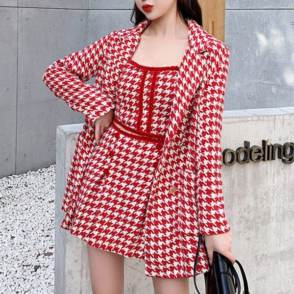 2023 Small Fragrance autumn winter Casual Three Piece Suits Women Crop Top Coat + Vest + Mini Skirt Set 3pcs Sets