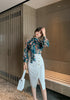 2022 Spring 2 Piece Set Women Official Floral Printed Lantern Sleeve Chiffon Blouse and Denim Skirt