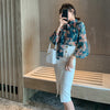 2022 Spring 2 Piece Set Women Official Floral Printed Lantern Sleeve Chiffon Blouse and Denim Skirt
