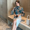 2022 Spring 2 Piece Set Women Official Floral Printed Lantern Sleeve Chiffon Blouse and Denim Skirt