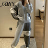 2023 Spring And Autumn Sports Models Leisure Sports Loose Women's Knitted V-Neck Contrast Color Cardigan Two-Piece Suit