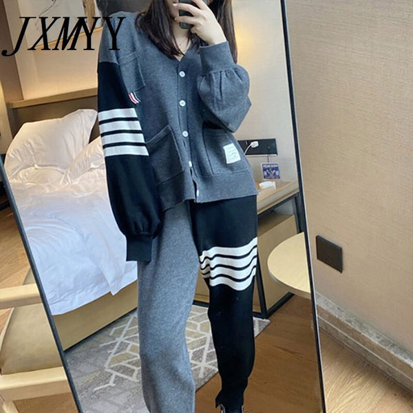 2023 Spring And Autumn Sports Models Leisure Sports Loose Women's Knitted V-Neck Contrast Color Cardigan Two-Piece Suit