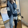 2023 Spring And Autumn Sports Models Leisure Sports Loose Women's Knitted V-Neck Contrast Color Cardigan Two-Piece Suit