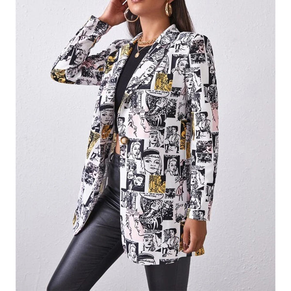 2023 Spring And Autumn Trend Lapel Casual Ladies Cardigan Streetwear Printing Small Suit Jacket Women's Clothing.