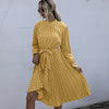 2022 Spring Autumn Elegant Long Sleeve Midi Dresses Pleated Kawaii Polka Dots Clothes for Women Casual Ruched Black Boho Dresses