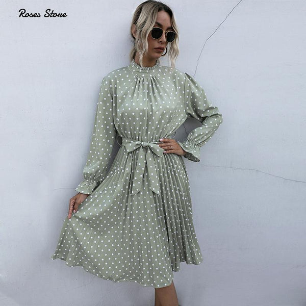 2022 Spring Autumn Elegant Long Sleeve Midi Dresses Pleated Kawaii Polka Dots Clothes for Women Casual Ruched Black Boho Dresses