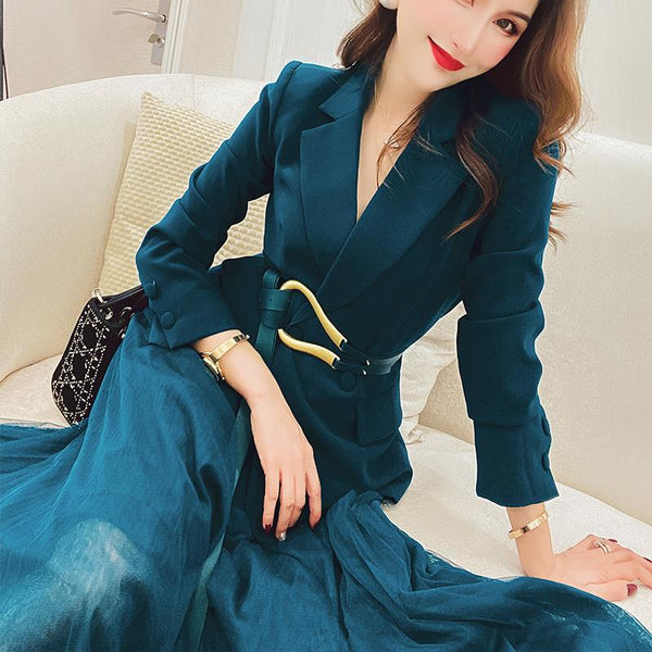 2022 Spring Autumn Women Casual Solid Plus Size Suit Lady Button Blazer Pleated Mesh Skirt Two Piece Set Female Elegant Set L806