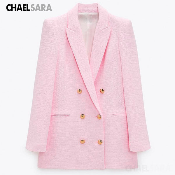 2022 Spring Autumn Women Vintage Pink Tweed Blazer Coat  Chic Button Long Sleeve Suit Jacket Female Casual Solid Outwear