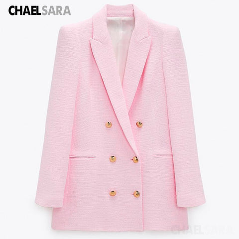 2022 Spring Autumn Women Vintage Pink Tweed Blazer Coat  Chic Button Long Sleeve Suit Jacket Female Casual Solid Outwear
