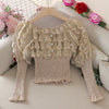 2023 Spring Autumn Women Puff Sleeve Slash Neck Ruffles Chic Shirt Lady Short Elastic Slim Waist Lace Button Party Blouse Tops
