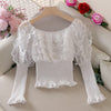 2023 Spring Autumn Women Puff Sleeve Slash Neck Ruffles Chic Shirt Lady Short Elastic Slim Waist Lace Button Party Blouse Tops