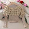 2023 Spring Autumn Women Puff Sleeve Slash Neck Ruffles Chic Shirt Lady Short Elastic Slim Waist Lace Button Party Blouse Tops