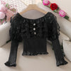2023 Spring Autumn Women Puff Sleeve Slash Neck Ruffles Chic Shirt Lady Short Elastic Slim Waist Lace Button Party Blouse Tops