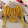 2023 Spring Autumn Women Puff Sleeve Slash Neck Ruffles Chic Shirt Lady Short Elastic Slim Waist Lace Button Party Blouse Tops