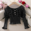 2023 Spring Autumn Women Puff Sleeve Slash Neck Ruffles Chic Shirt Lady Short Elastic Slim Waist Lace Button Party Blouse Tops