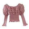 2023 Spring Autumn Women Puff Sleeve Slash Neck Ruffles Chic Shirt Lady Short Elastic Slim Waist Lace Button Party Blouse Tops