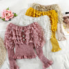2023 Spring Autumn Women Puff Sleeve Slash Neck Ruffles Chic Shirt Lady Short Elastic Slim Waist Lace Button Party Blouse Tops