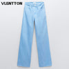 2022 Spring Autumn Women Vintage Blue Pink Denim Trousers Casual Solid Pockets High Waist Straight Jeans Pants Ladies Mujer