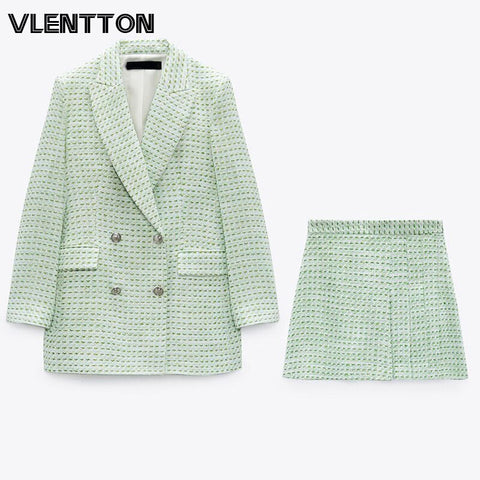 2022 Spring Autumn Women Vintage Tweed Plaid Two Piece Set Chic Button Office Blazer Coat+Mini Skirts Suit Female Jacket Outfits