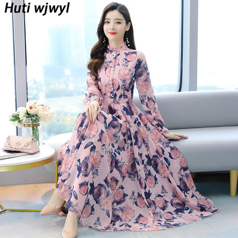 2022 Spring Boho Black Pink Chiffon Beach Maxi Dress Autumn Vintage 4XL Plus Size Long Sleeve Women Dress Elegant Party Vestidos