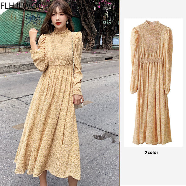 2023 Spring Chic Korea Fenimine Vestidos Women Bohemian Style Holiday Date Girls Floral Print Chiffon Long Maxi Dress