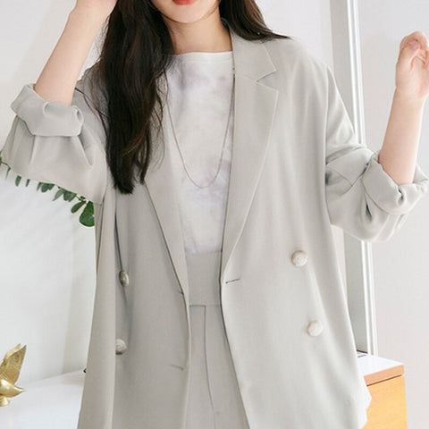2022 Spring Elegant Woman Jacket Turn Down Collar Long Sleeve Double Breast Blazer Women Work Style Ol Solid Simple Coat