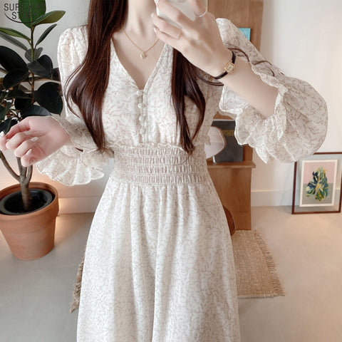 2022 Spring Casual Vintage Women Dress Elegant Floral V-neck Midi Chiffon Dress Lady Long Sleeve Women Dresses Vestido