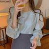 2023 Spring Fenimine Korea Chic Tops Blusas Women Flare Sleeve Solid Cross Criss Bow Tie Shirt Blouses
