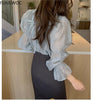 2023 Spring Fenimine Korea Chic Tops Blusas Women Flare Sleeve Solid Cross Criss Bow Tie Shirt Blouses