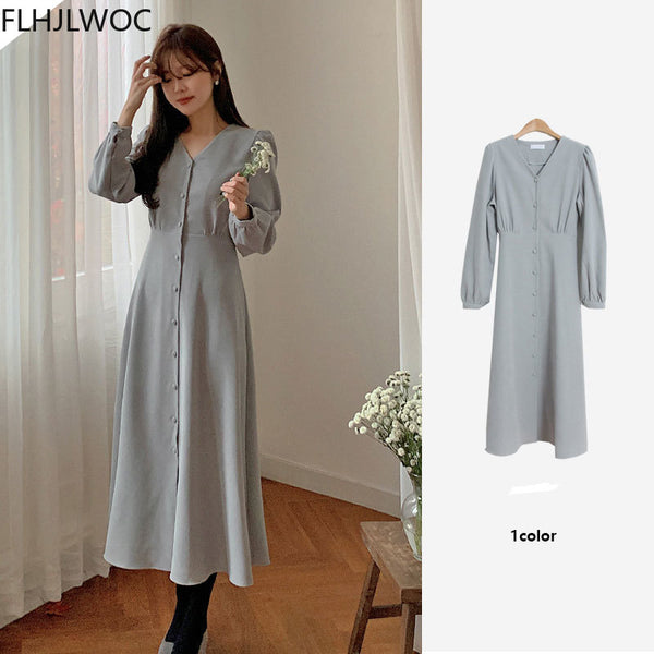 2022 Spring Fenimine Vestidos Women Korea Chic Japan Style V Neck Single Breasted Button Elegant Long Shirt Dress
