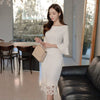 2022 Spring Flare Sleeve White Vestidos Lace Patchwork Pencil Bodycon Knee-Length Sexy Party Woman Dresses