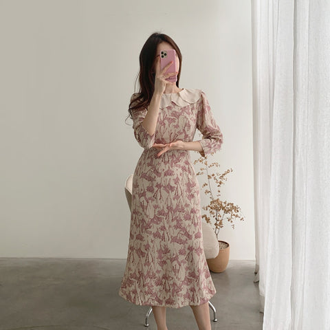 2022 Spring Floral Vintage Dress Women Long Sleeve Korean Style Female Slim High Waist Dresses Elegant Midi Party Vestidos