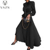 2022 Spring Free High-end Plus Size Elegant Solid Chiffon Dress Full Sleeve Bow Women's High Waist  A-Line MaxiDress