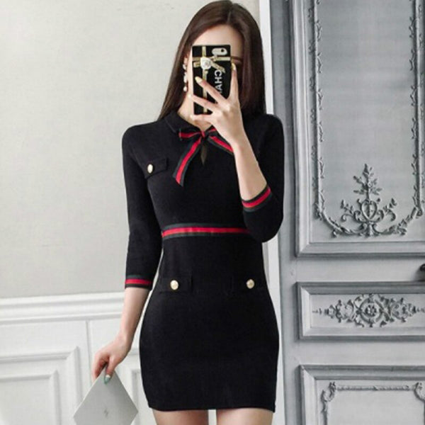 2022 Spring Korea Office Women Cloth Bodycon Bowknot Mini Sheath High Waist Sexy Black Dresses Women