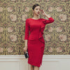 2022 Spring Ladies O-Neck Ruffles Patchwork Red Party Dress 3/4 Sleeve Solid Sheath Bodycon Midi Split Sexy Vestidos