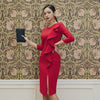 2022 Spring Ladies O-Neck Ruffles Patchwork Red Party Dress 3/4 Sleeve Solid Sheath Bodycon Midi Split Sexy Vestidos