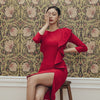 2022 Spring Ladies O-Neck Ruffles Patchwork Red Party Dress 3/4 Sleeve Solid Sheath Bodycon Midi Split Sexy Vestidos