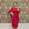 2022 Spring Ladies O-Neck Ruffles Patchwork Red Party Dress 3/4 Sleeve Solid Sheath Bodycon Midi Split Sexy Vestidos