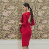 2022 Spring Ladies O-Neck Ruffles Patchwork Red Party Dress 3/4 Sleeve Solid Sheath Bodycon Midi Split Sexy Vestidos