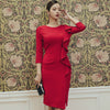 2022 Spring Ladies O-Neck Ruffles Patchwork Red Party Dress 3/4 Sleeve Solid Sheath Bodycon Midi Split Sexy Vestidos
