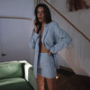 2022 Spring Long Sleeve Top Two Piece Outfits Skirt Suits Button Up Top Lapel Collar Solid Color Pencil Mini Skirt Streetwear