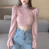 2023 Spring Casual Floral Women Shirt Sexy Puff Sleeve Lace White Blouse Shirts Turtleneck Short Corset Top Blusas 12710